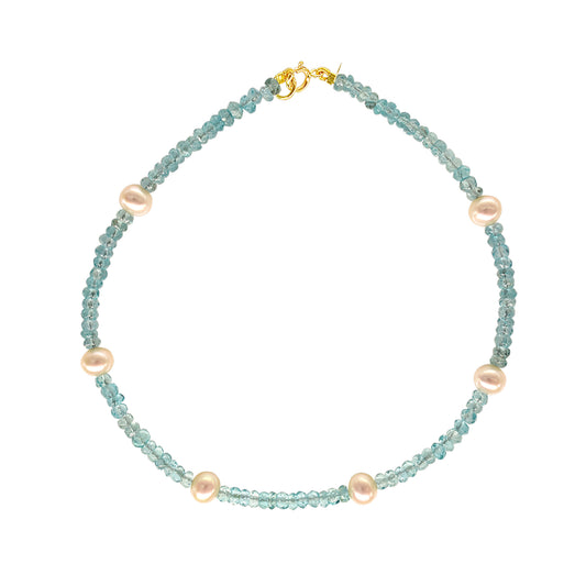 14k Rondelle Beaded Gemstone and White Freshwater Pearl Anklet 9.5" Apatite