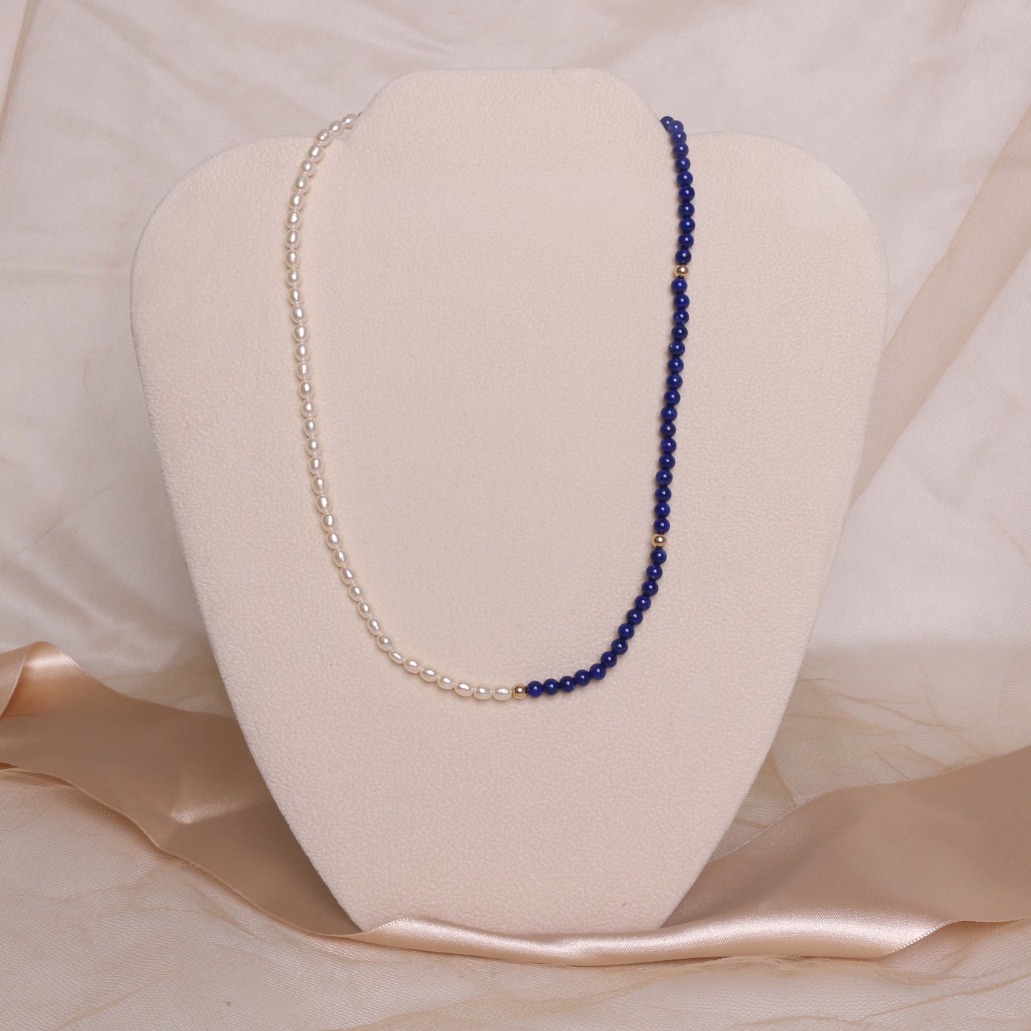 14k White Freshwater Pearl Half & Half Necklace 17" Lapis