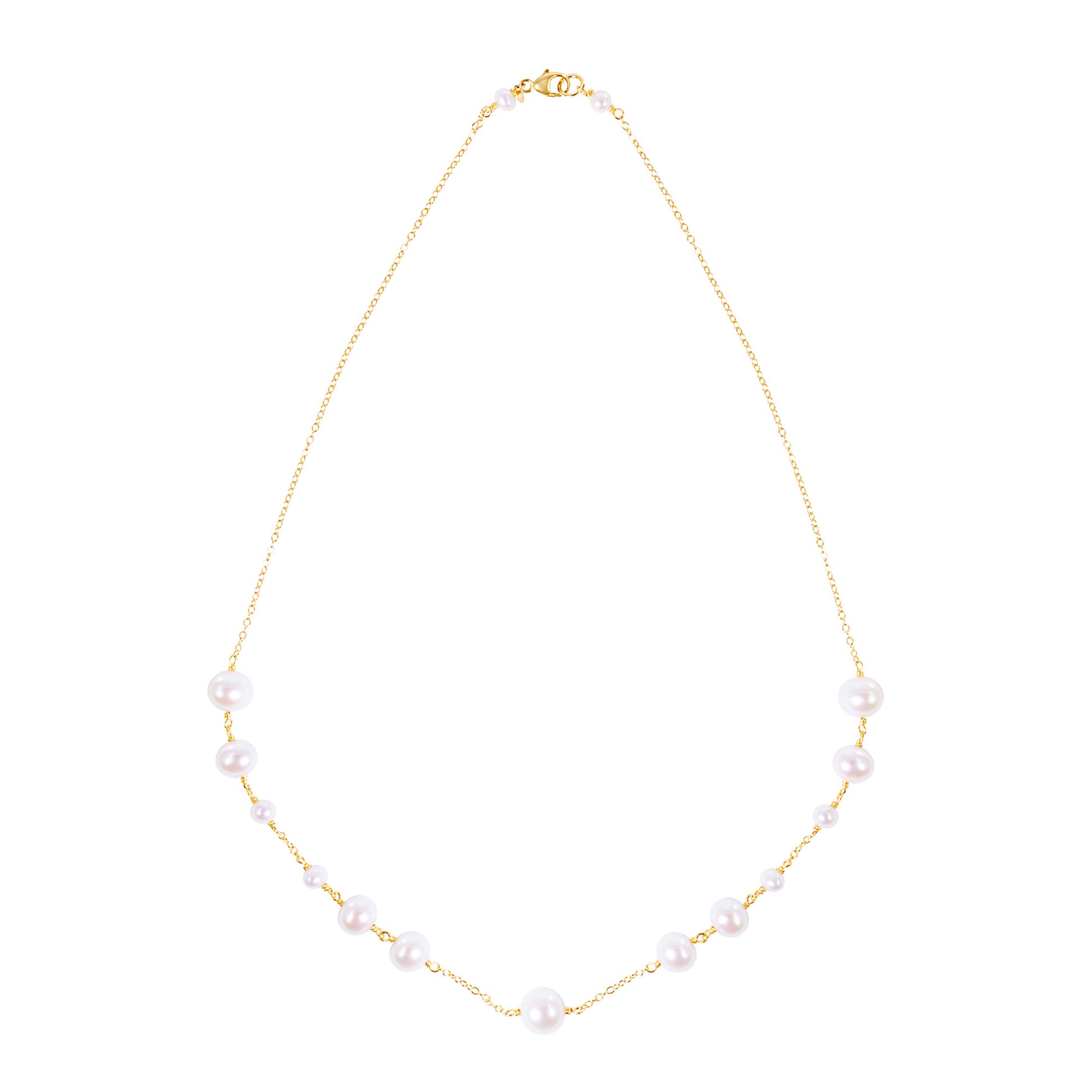 14k Yellow Gold White Pearl Grad Bead Station Necklace 17