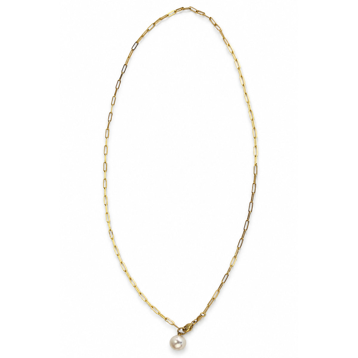 14k White Pearl Drop Paperclip Chain Necklace