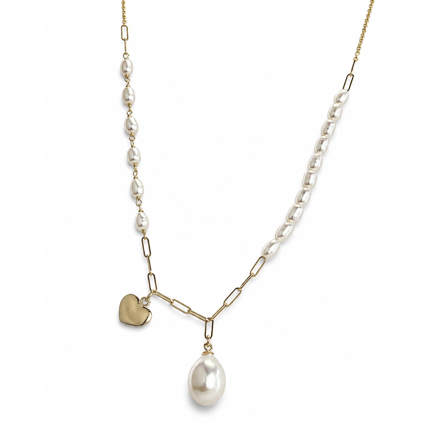 14k White Pearl Paperclip Chain Heart Drop Necklace