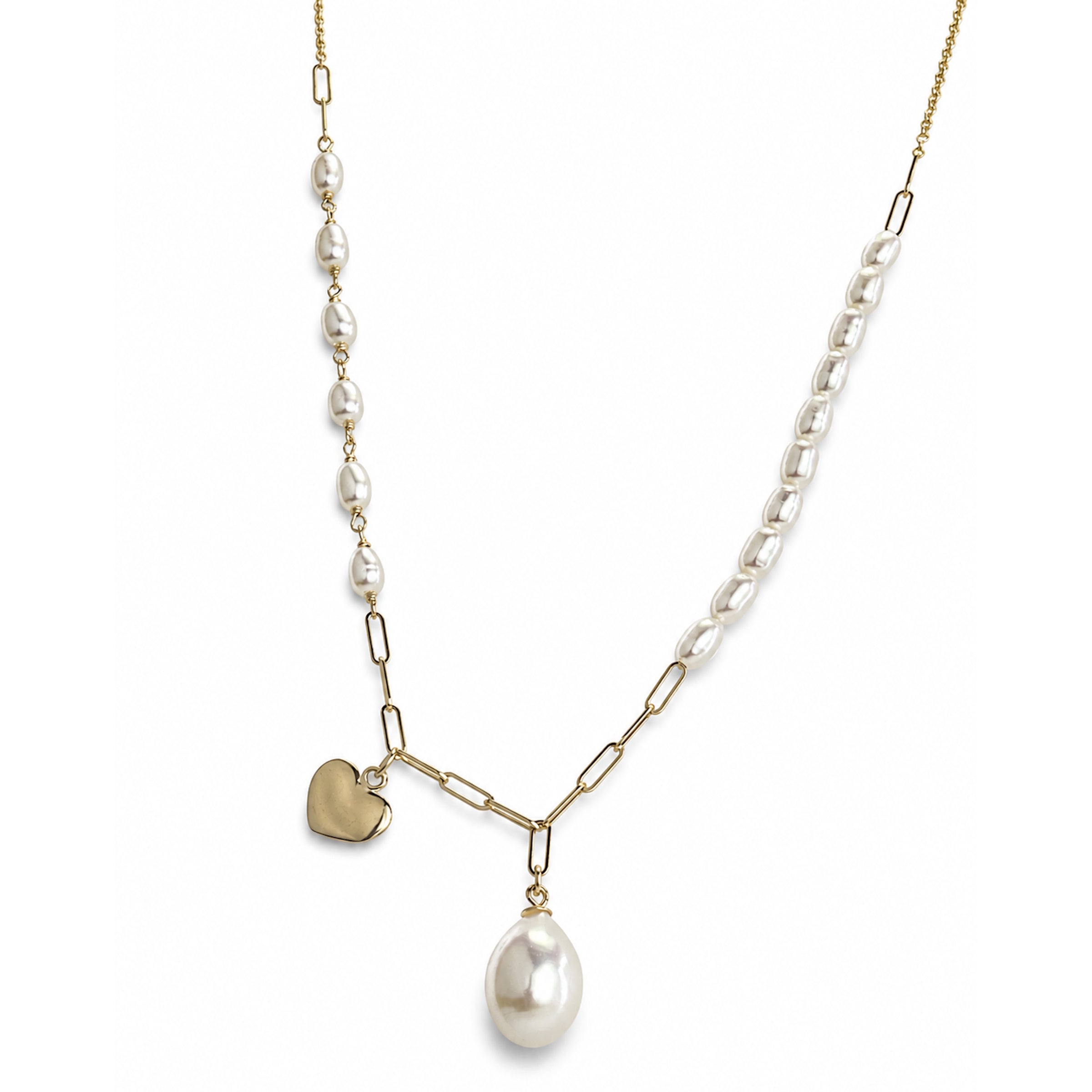 14k White Pearl Paperclip Chain Heart Drop Necklace