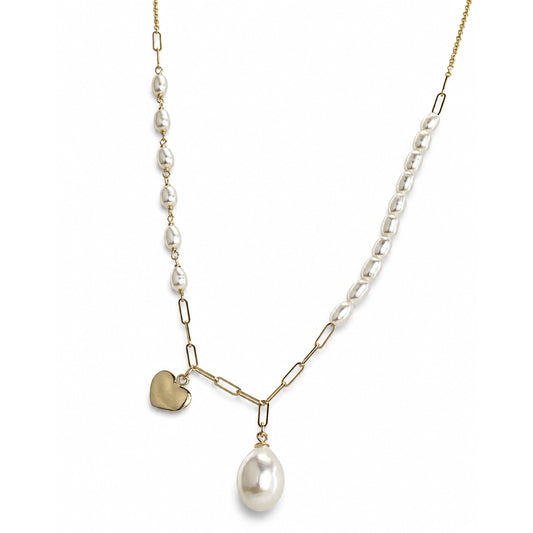 14k White Pearl Paperclip Chain Heart Drop Necklace