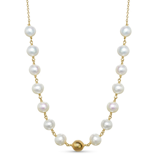 14k Freshwater Pearl Gold Ball Link Necklace