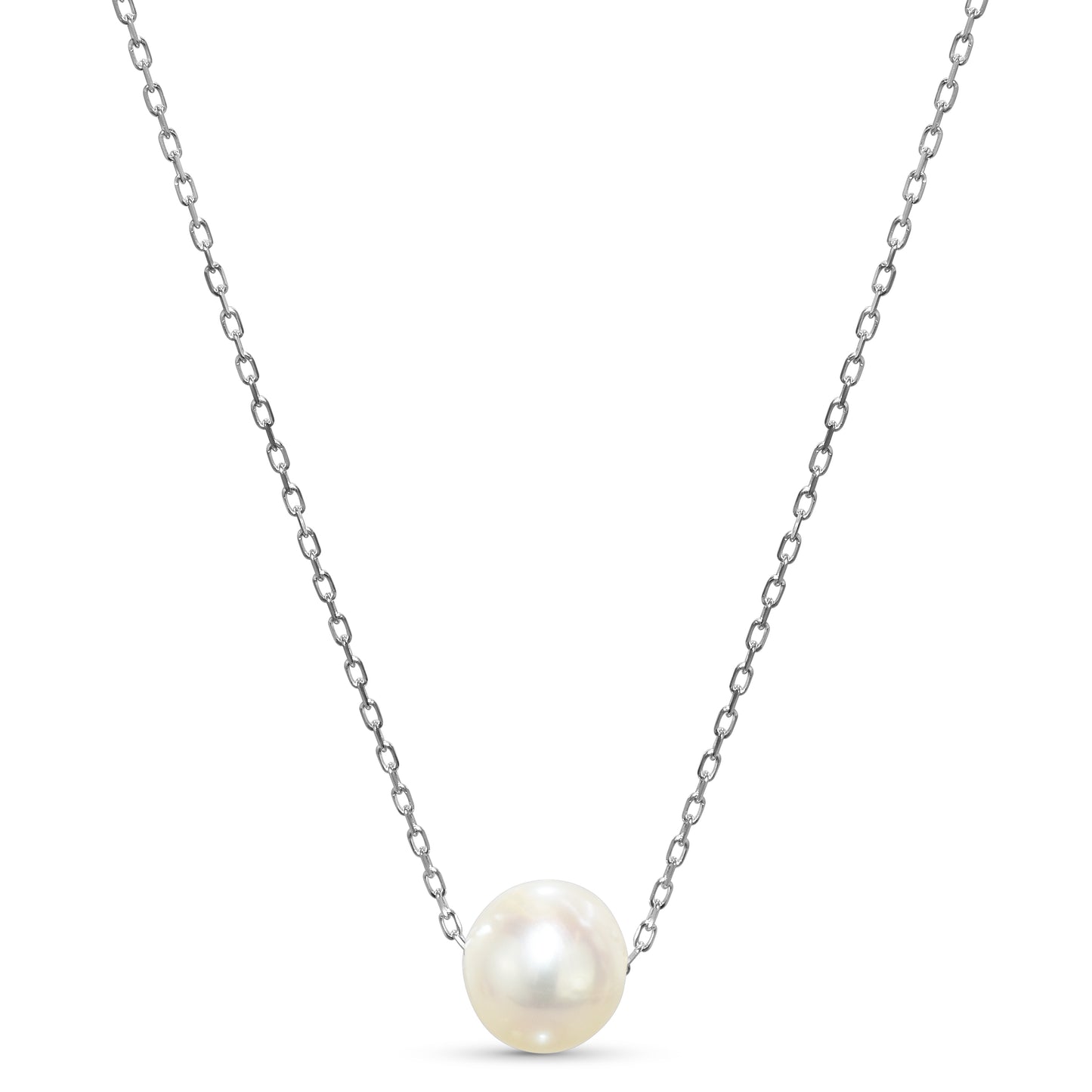 14k White Gold White Freshwater Pearl Ball Slider Pendant Necklace