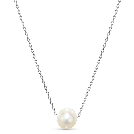 14k White Gold White Freshwater Pearl Ball Slider Pendant Necklace