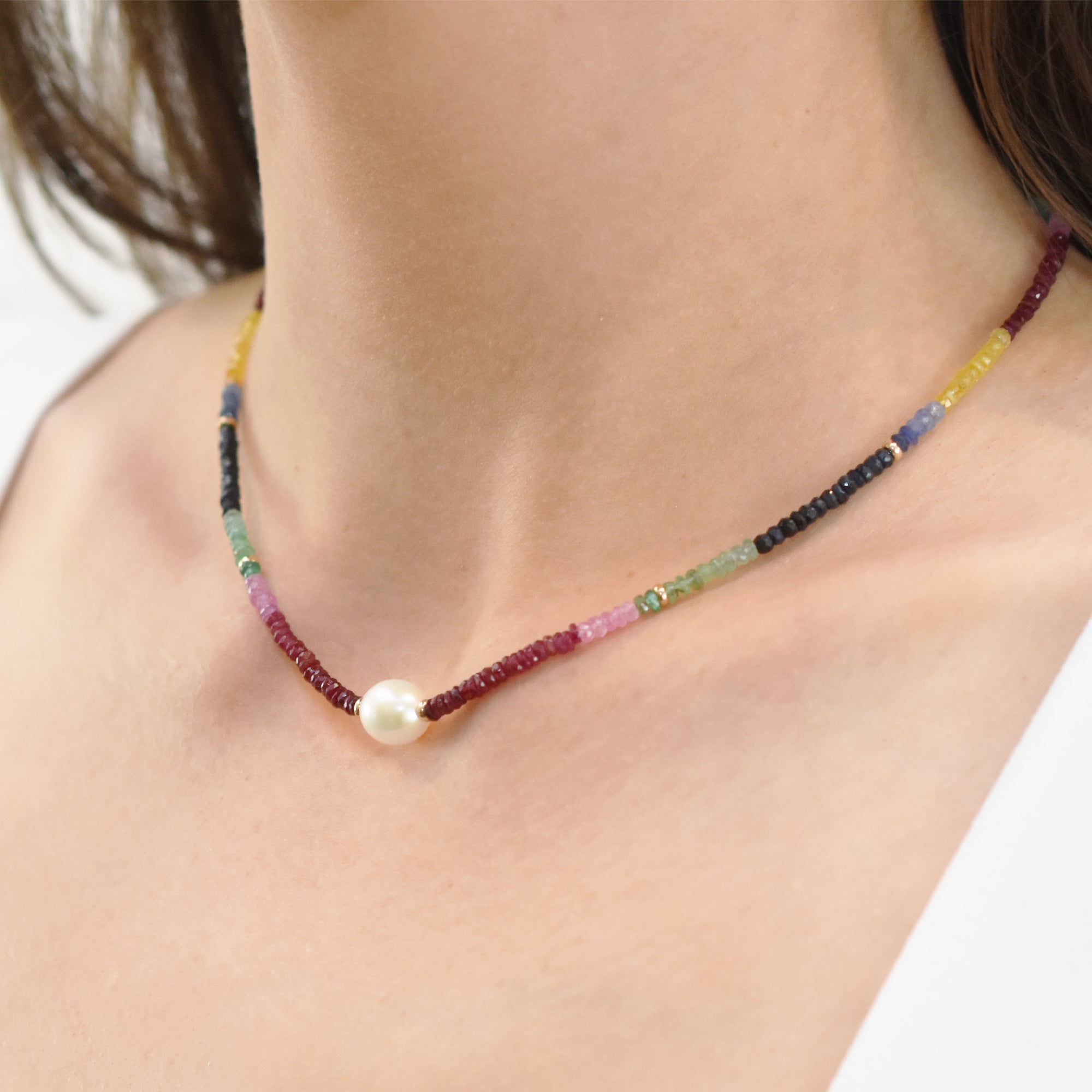 14k Gemstones Gold Roundel and Freshwater Pearl Center Necklace