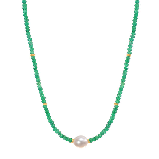14k Green Onyx White Freshwater Pearl Center Necklace 17"