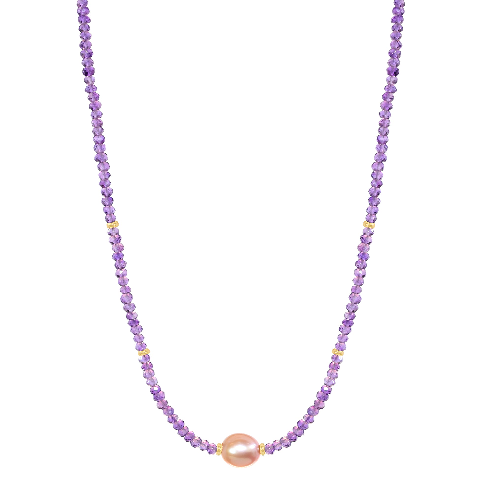 14k Gemstone Freshwater Pearl Center Necklace 17" Amethyst  & Pink Pearl