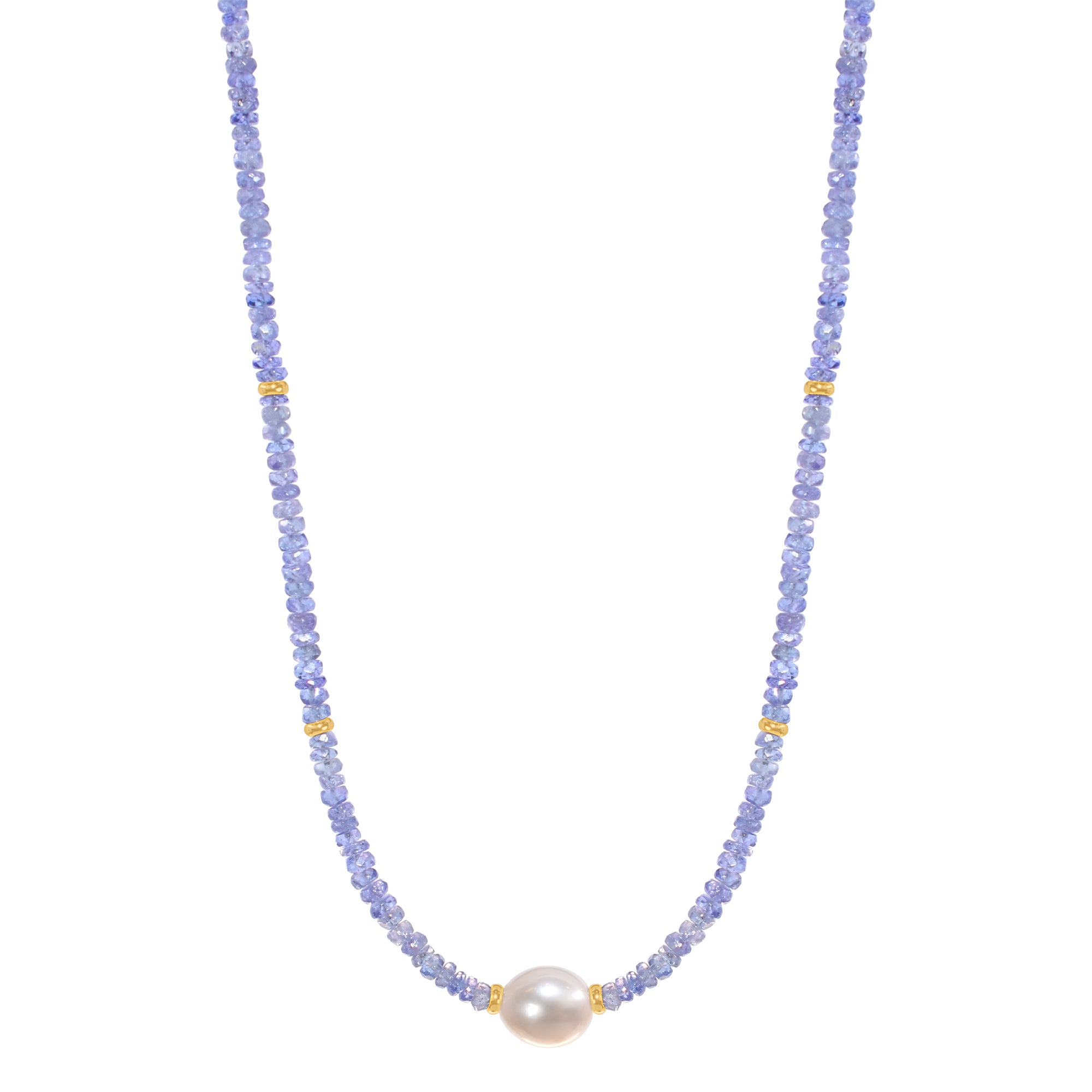 14k Gemstone Freshwater Pearl Center Necklace 17" Tanzanite & White Pearl