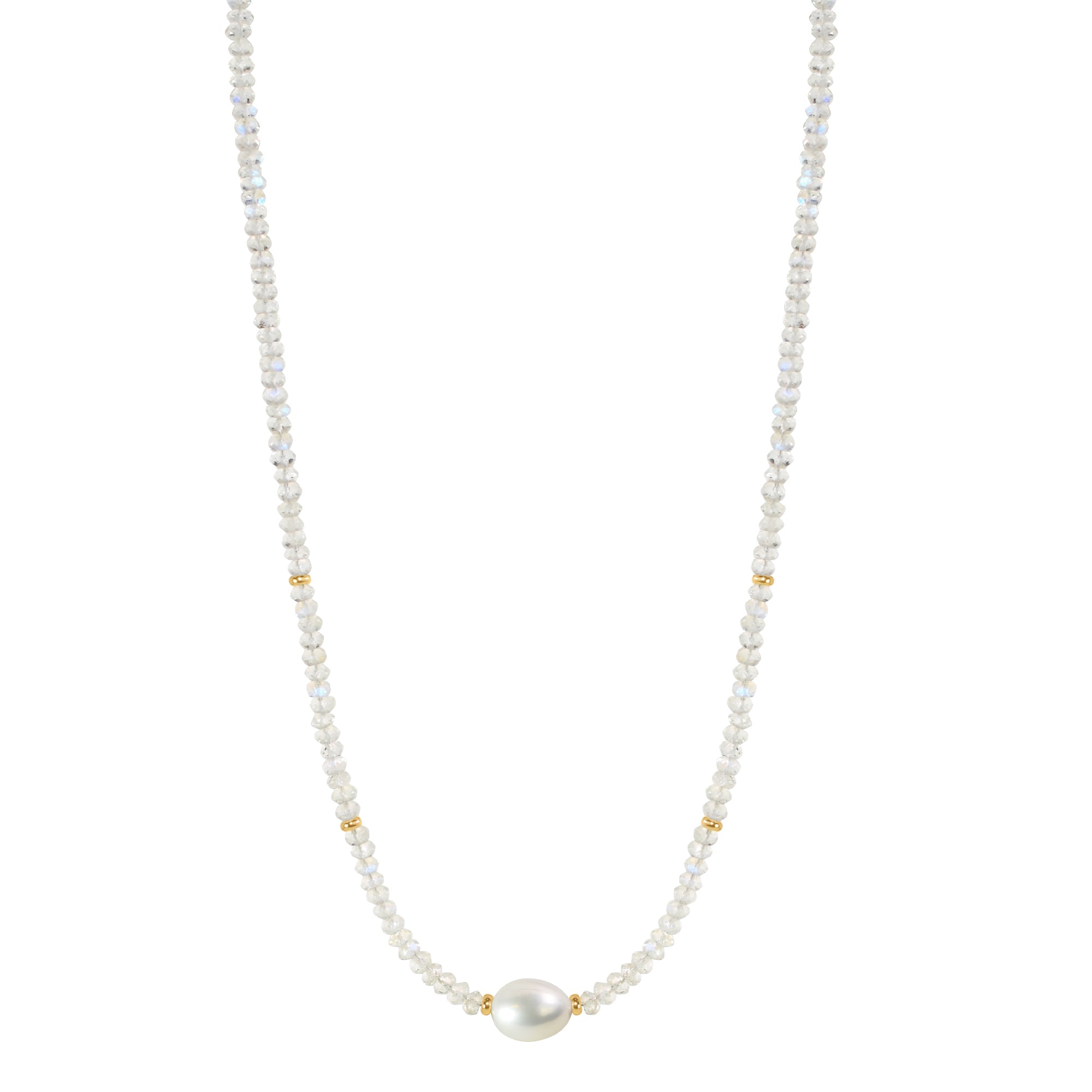 14k Gemstone Freshwater Pearl Center Necklace 17" Rainbow Moonstone & White Pearl