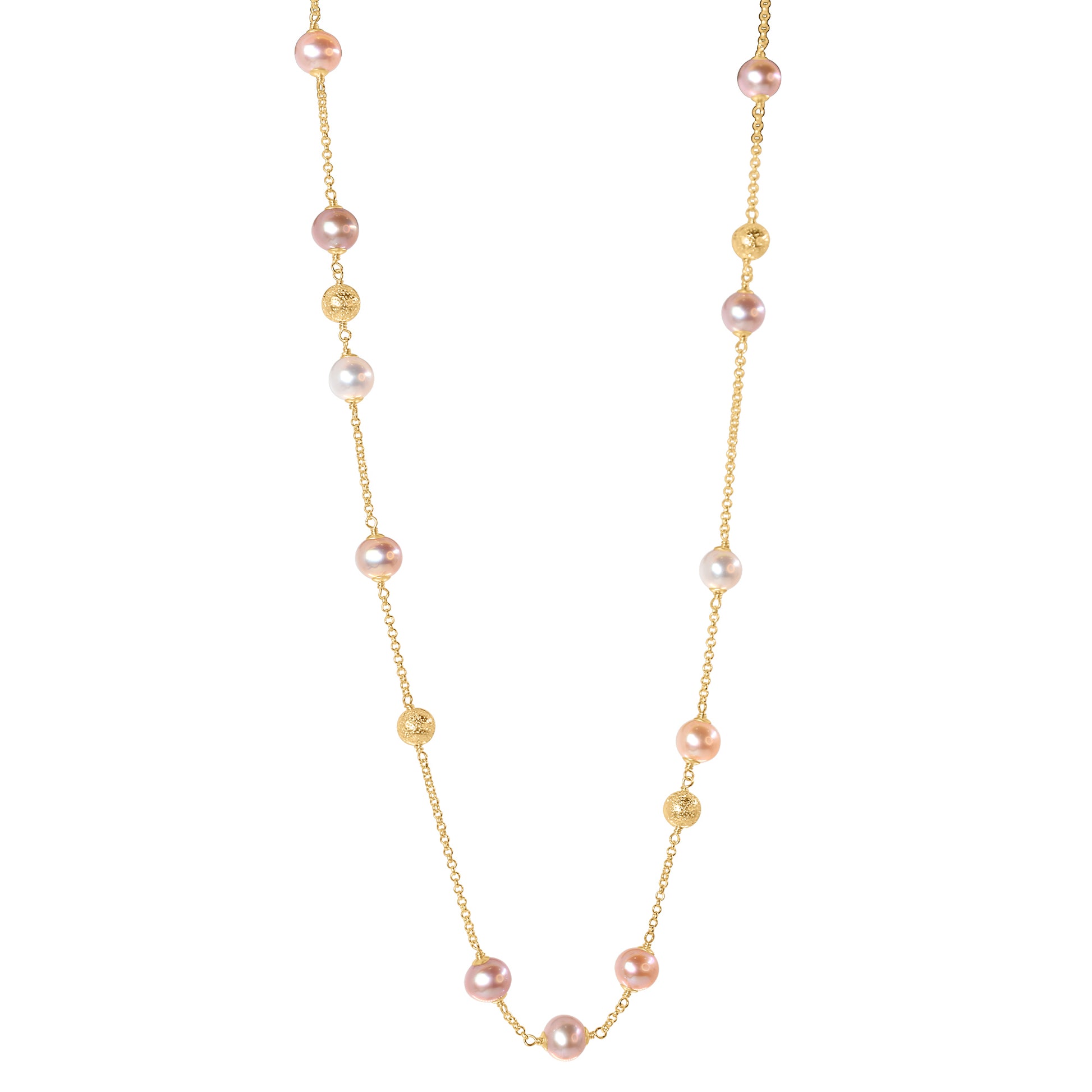 14k Pink & White Freshwater Pearl Gold Ball Station Necklace 18"