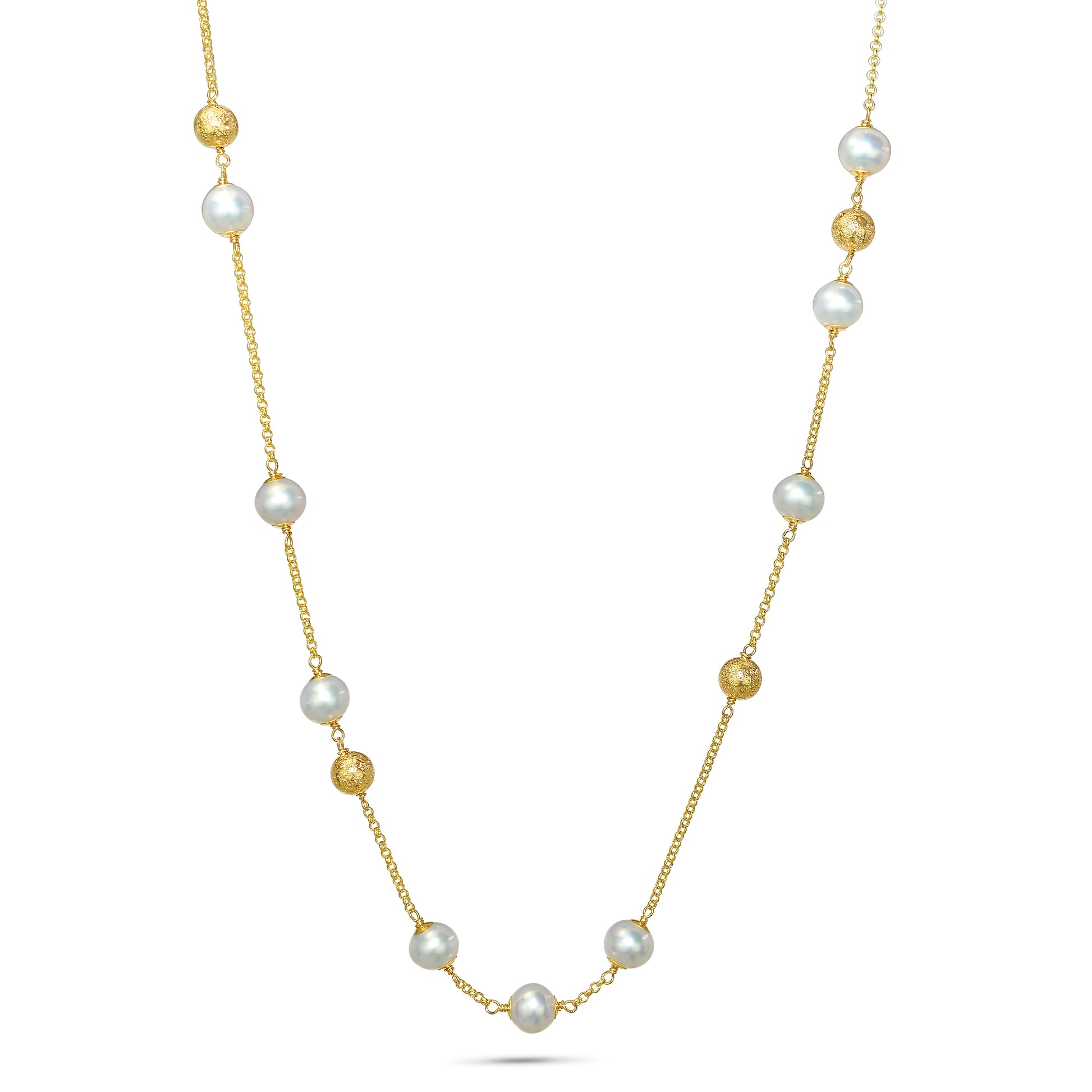 14k White Freshwater Pearl Gold Ball Station Necklace 18"