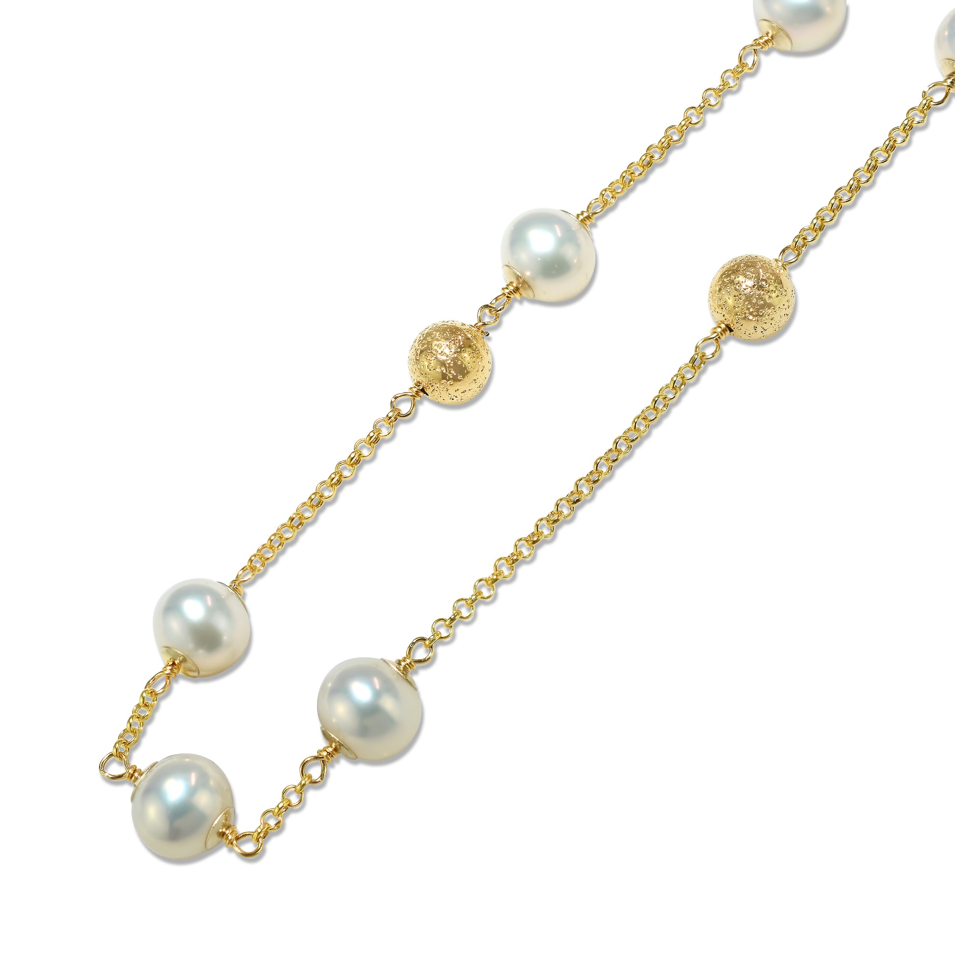 14k White Freshwater Pearl Gold Ball Station Necklace 18"