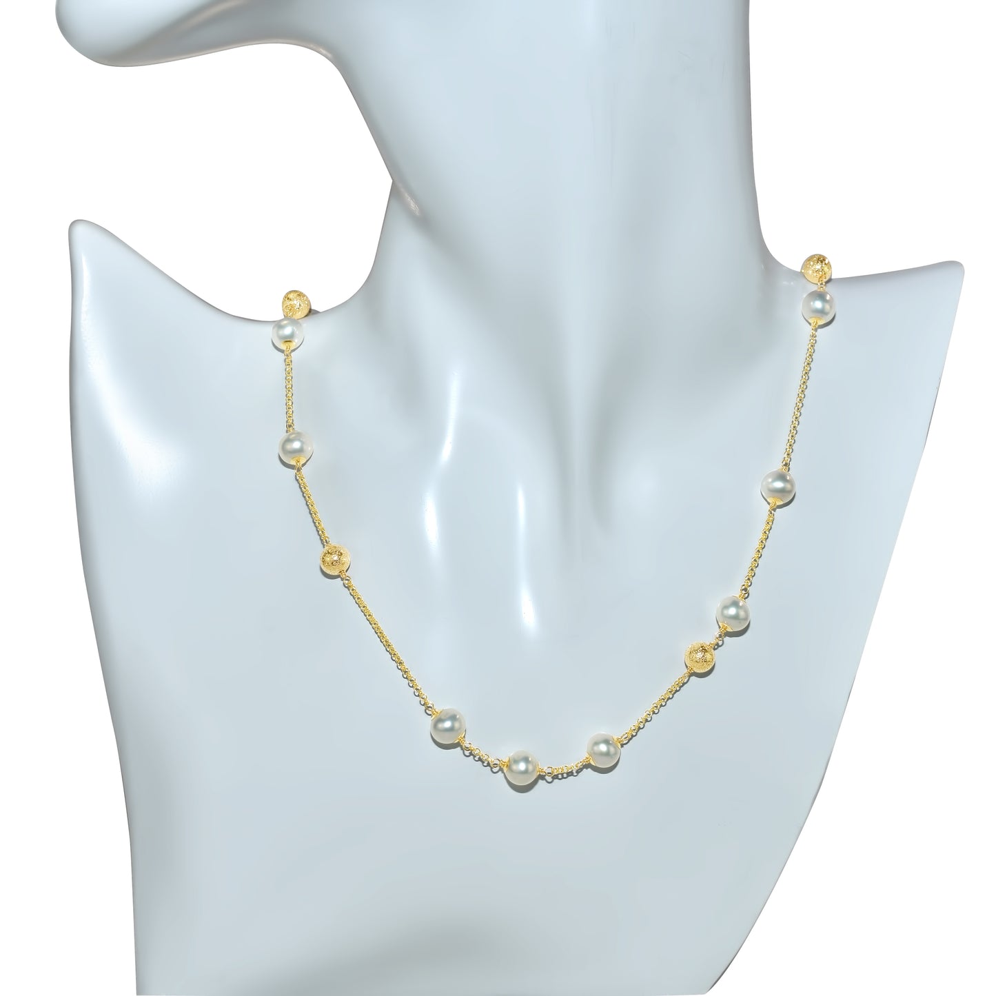 14k White Freshwater Pearl Gold Ball Station Necklace 18"