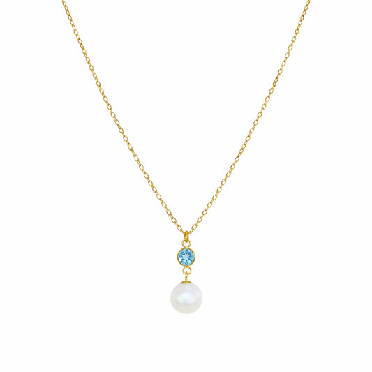 14k Swiss Blue Topaz & White Pearl Pendant Necklace 17"