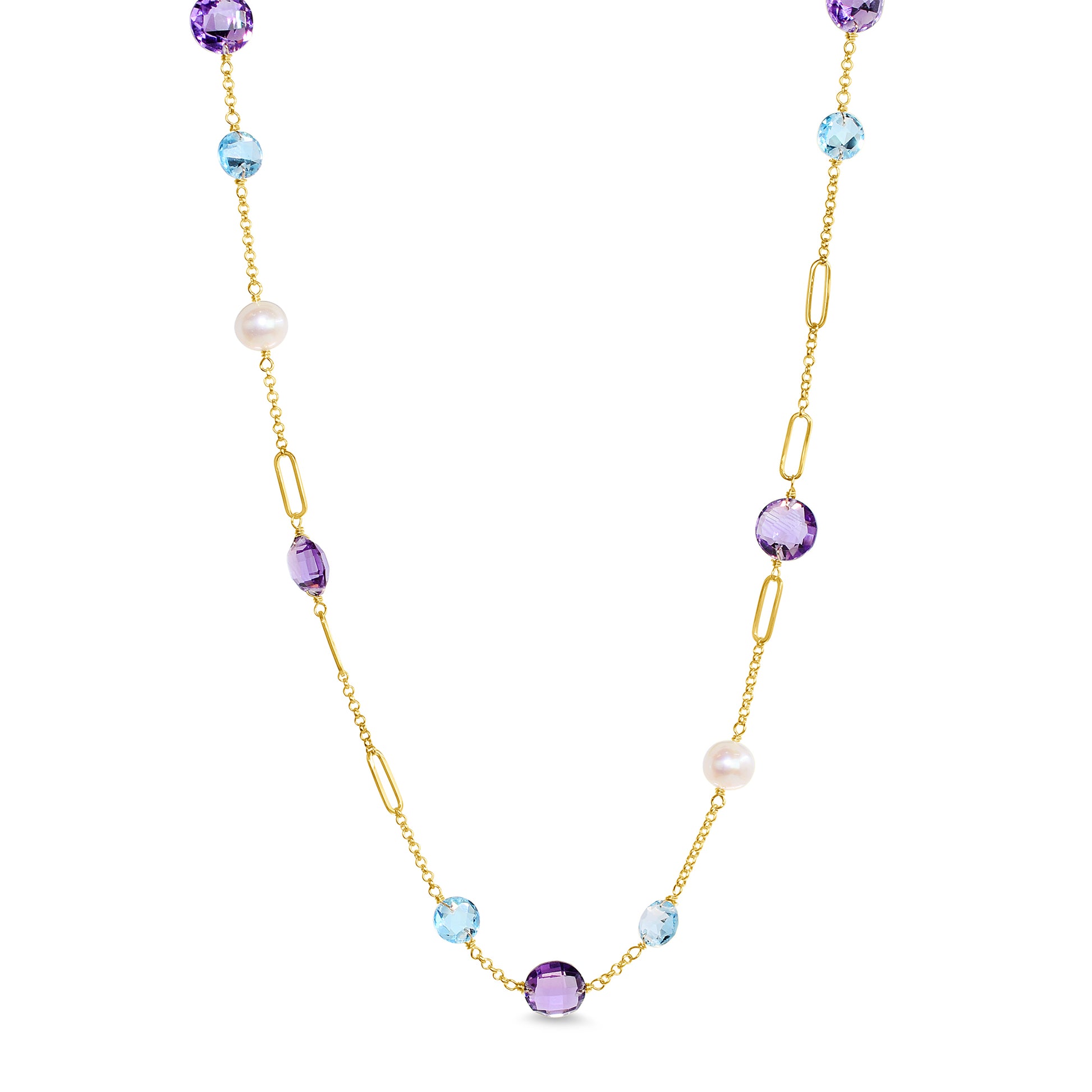 14k White Freshwater Pearl Swiss Blue Topaz Amethyst Coin Fancy Station Necklace 18"
