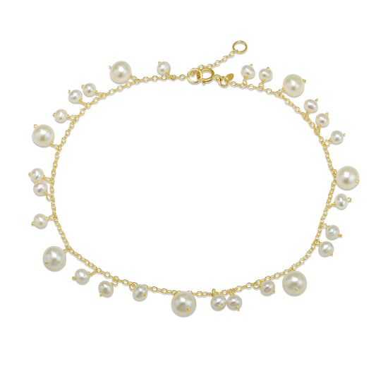 14k White Freshwater Pearl Drop Anklet 8.5"-9.5"