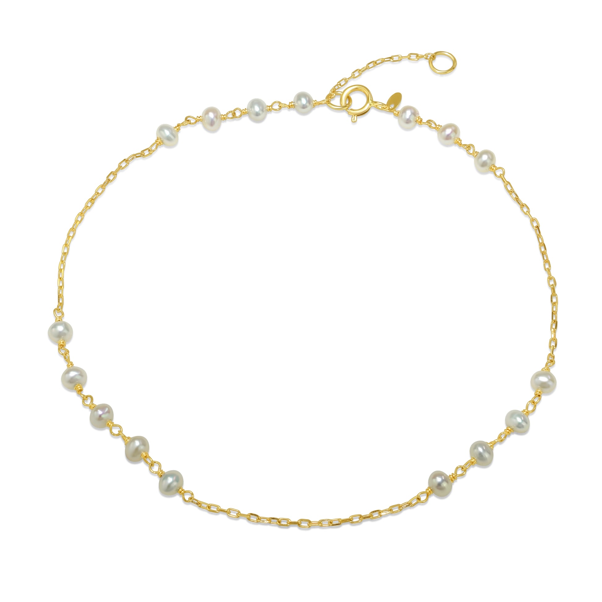 14k White Freshwater Pearl Station Link Anklet 8.5"-9.5"