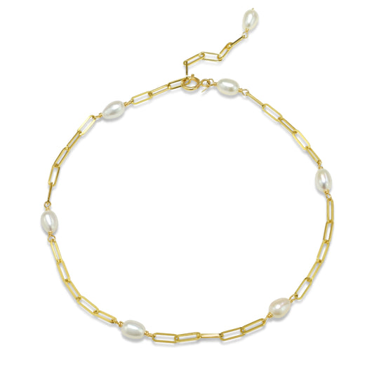 14k White Freshwater Pearl Station Paperclip Anklet 9.5"