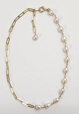 14k White Freshwater Pearl Link Paperclip Anklet 9.5"