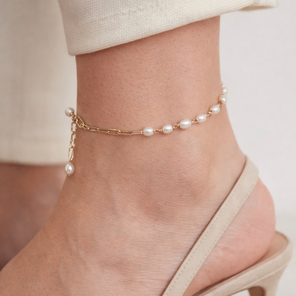 14k White Freshwater Pearl Link Paperclip Anklet