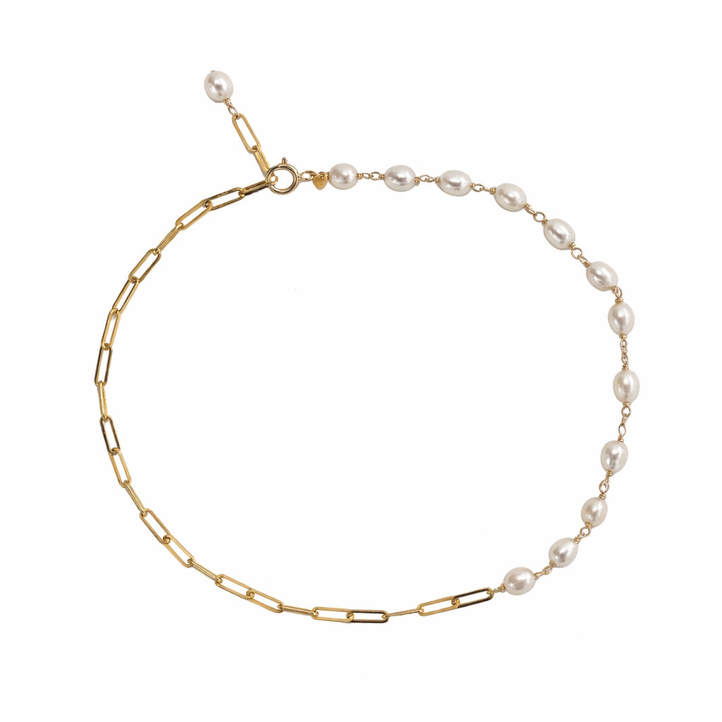 14k White Freshwater Pearl Link Paperclip Anklet