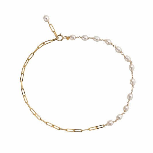 14k White Freshwater Pearl Link Paperclip Anklet