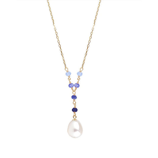 14k White Pearl Shaded Sapphire Necklace w/ 14k Gold Wire