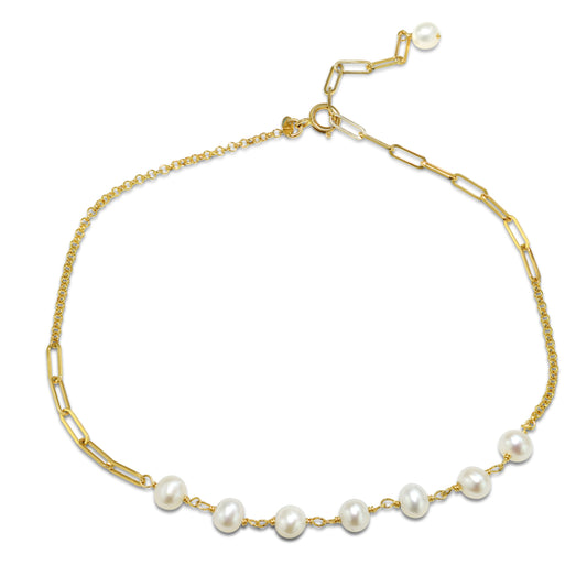 14k White Freshwater Pearl Link Gold Chain Anklet