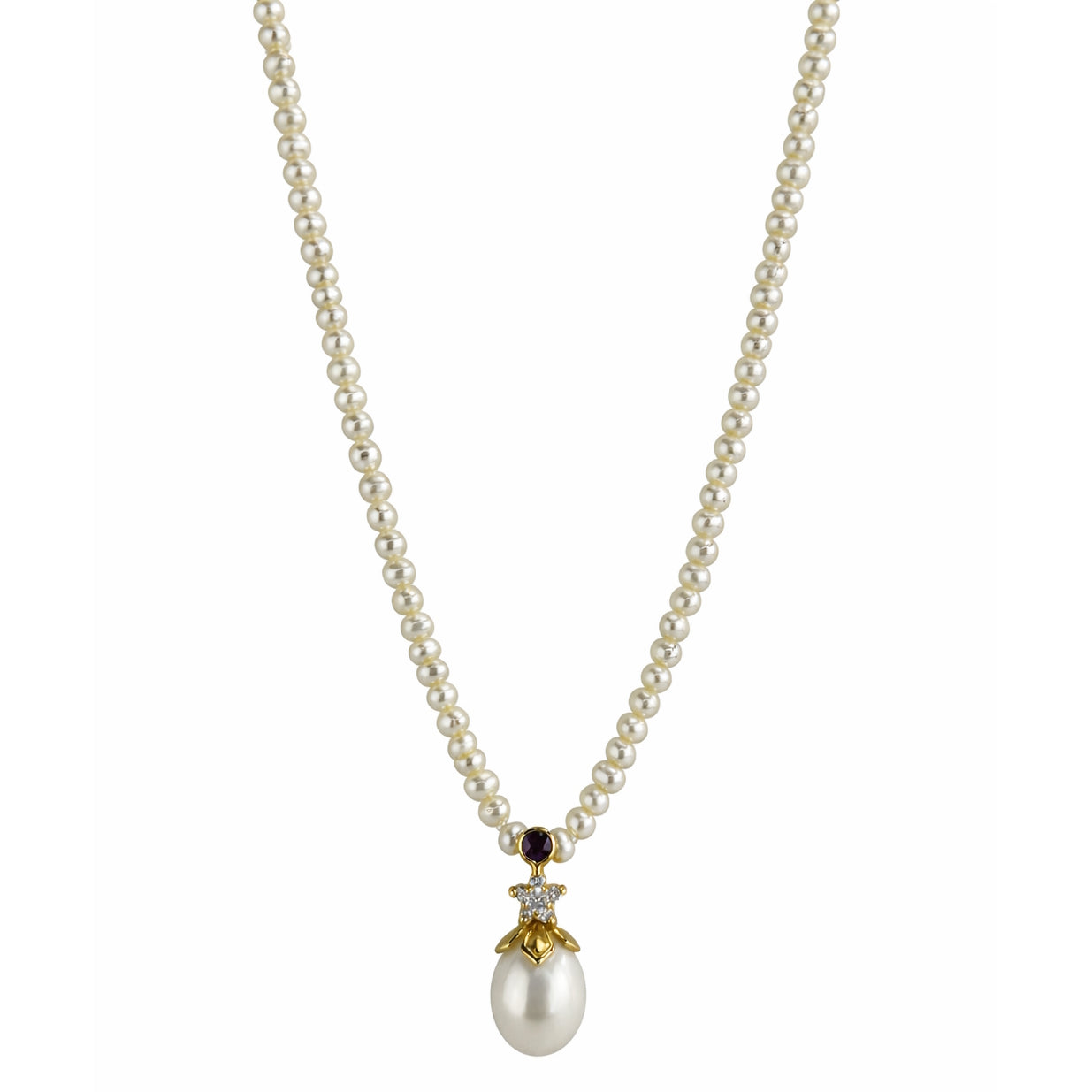 14k White Pearl & Diamond and Ruby Pendant Necklace