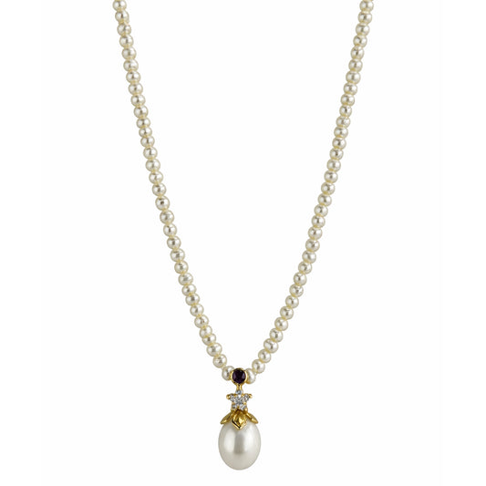 14k White Pearl & Diamond and Ruby Pendant Necklace