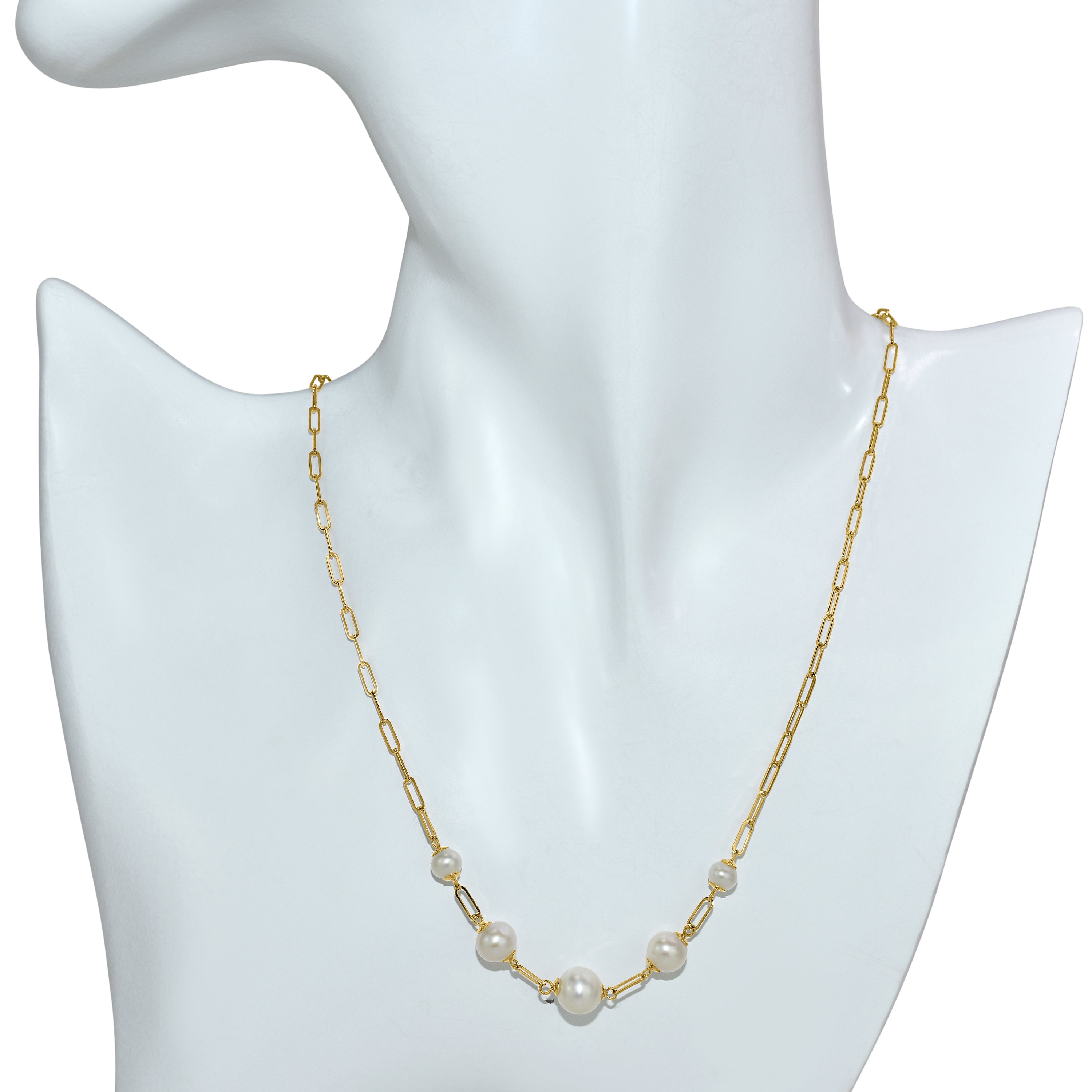 14k White Pearl Graduated 5-Link Paperclip Necklace