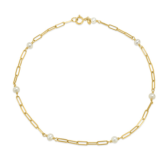 14k Yellow Gold White Pearl 7-Station Paperclip Anklet 9.5"