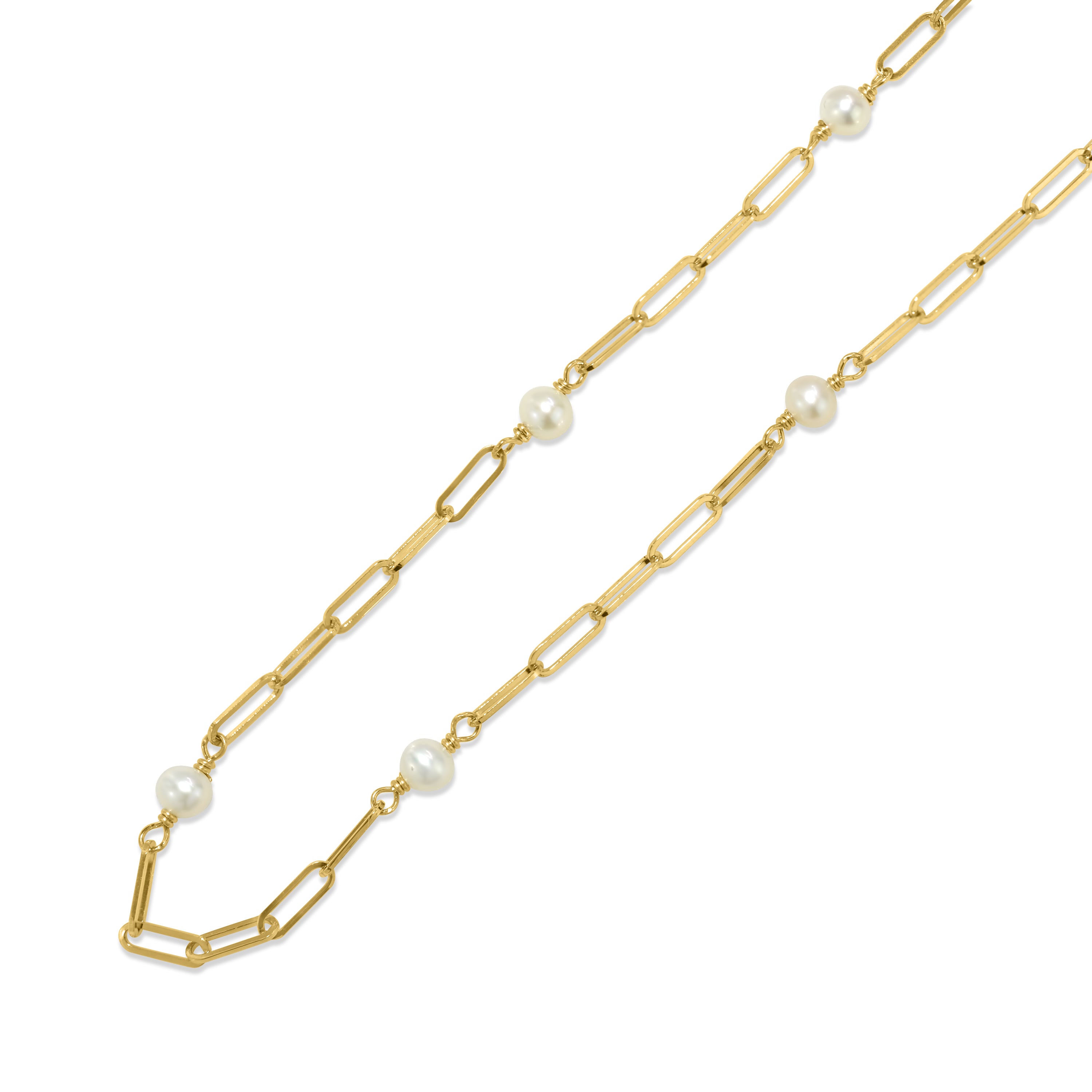 14k Yellow Gold White Pearl 7-Station Paperclip Anklet