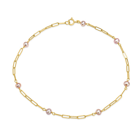 14k Natural Pink Pearl 7-Station Paperclip Anklet 9.5"