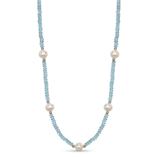 14k Swiss Blue Topaz White Pearl Five Station Necklace