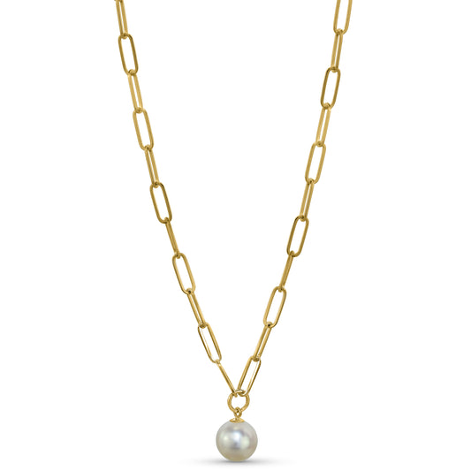 14k White Pearl Drop Paperclip Necklace 18"