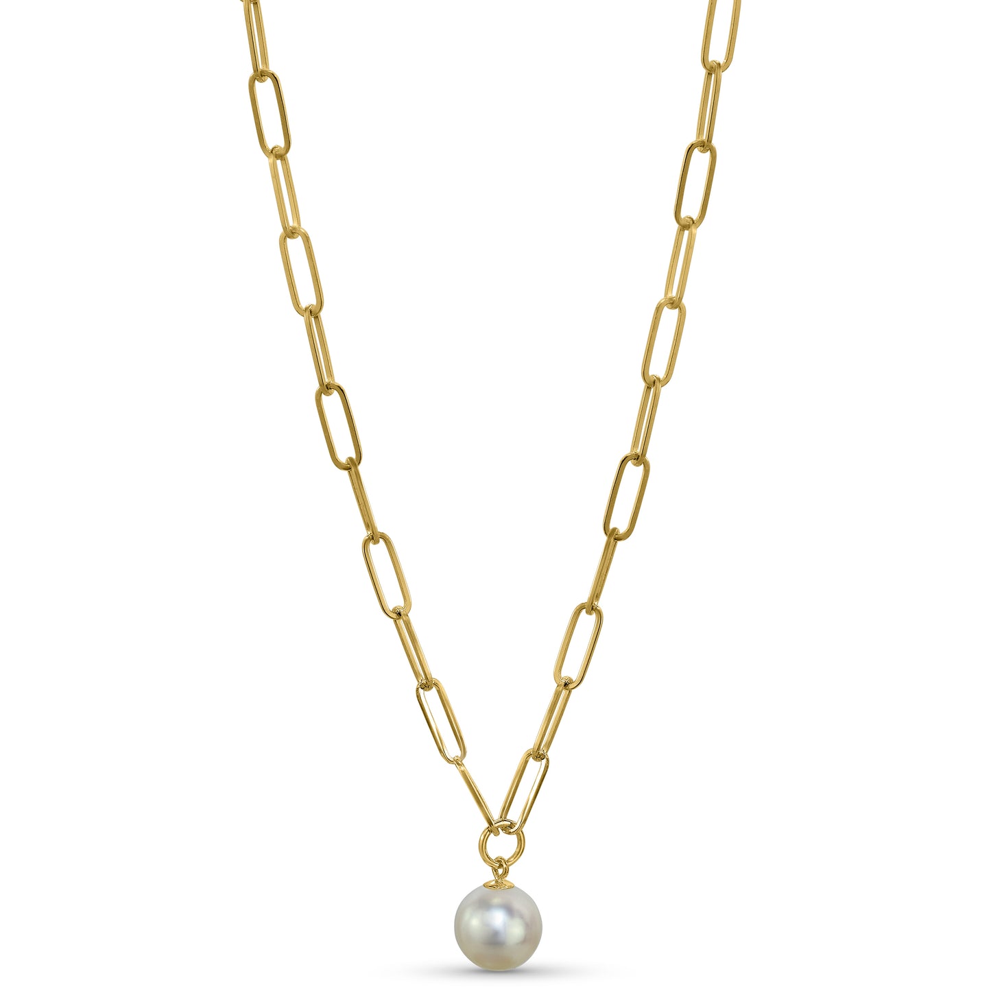 14k White Pearl Drop Paperclip Necklace