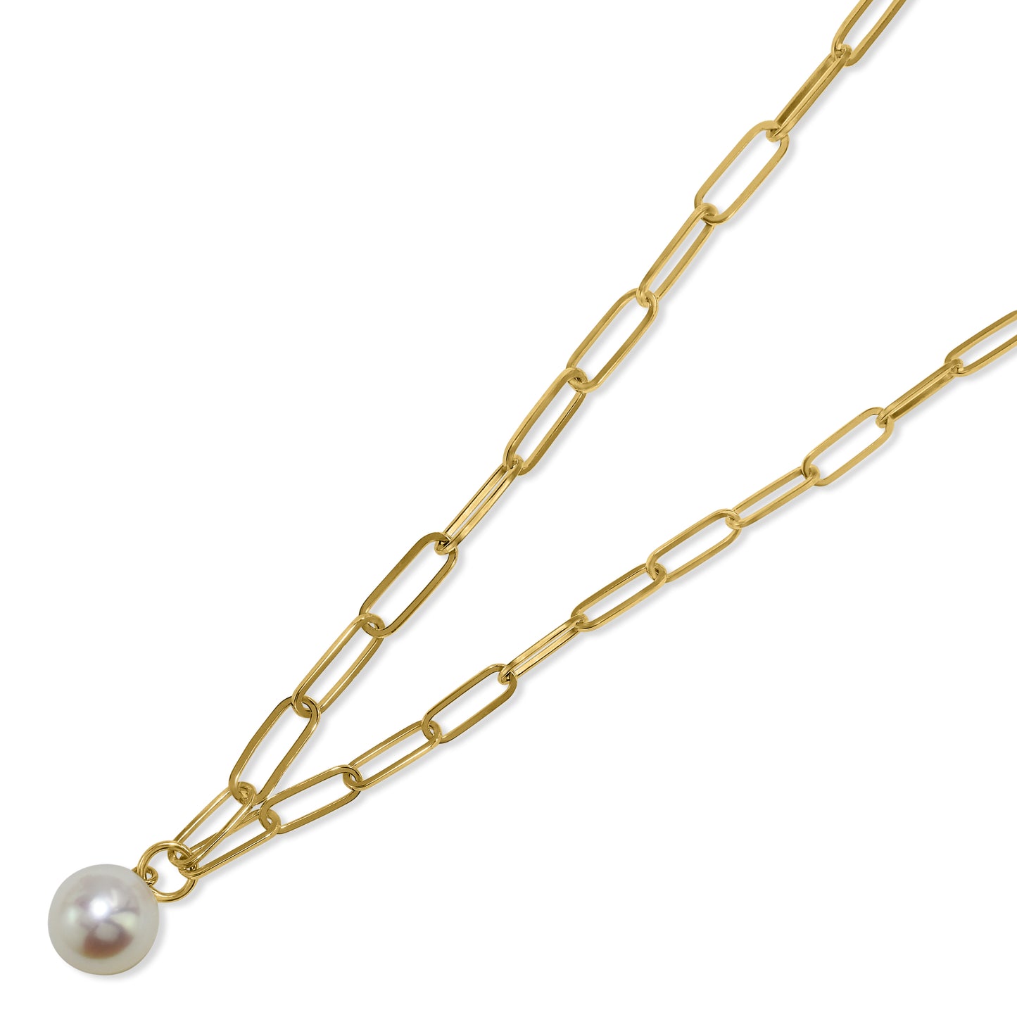 14k White Pearl Drop Paperclip Necklace