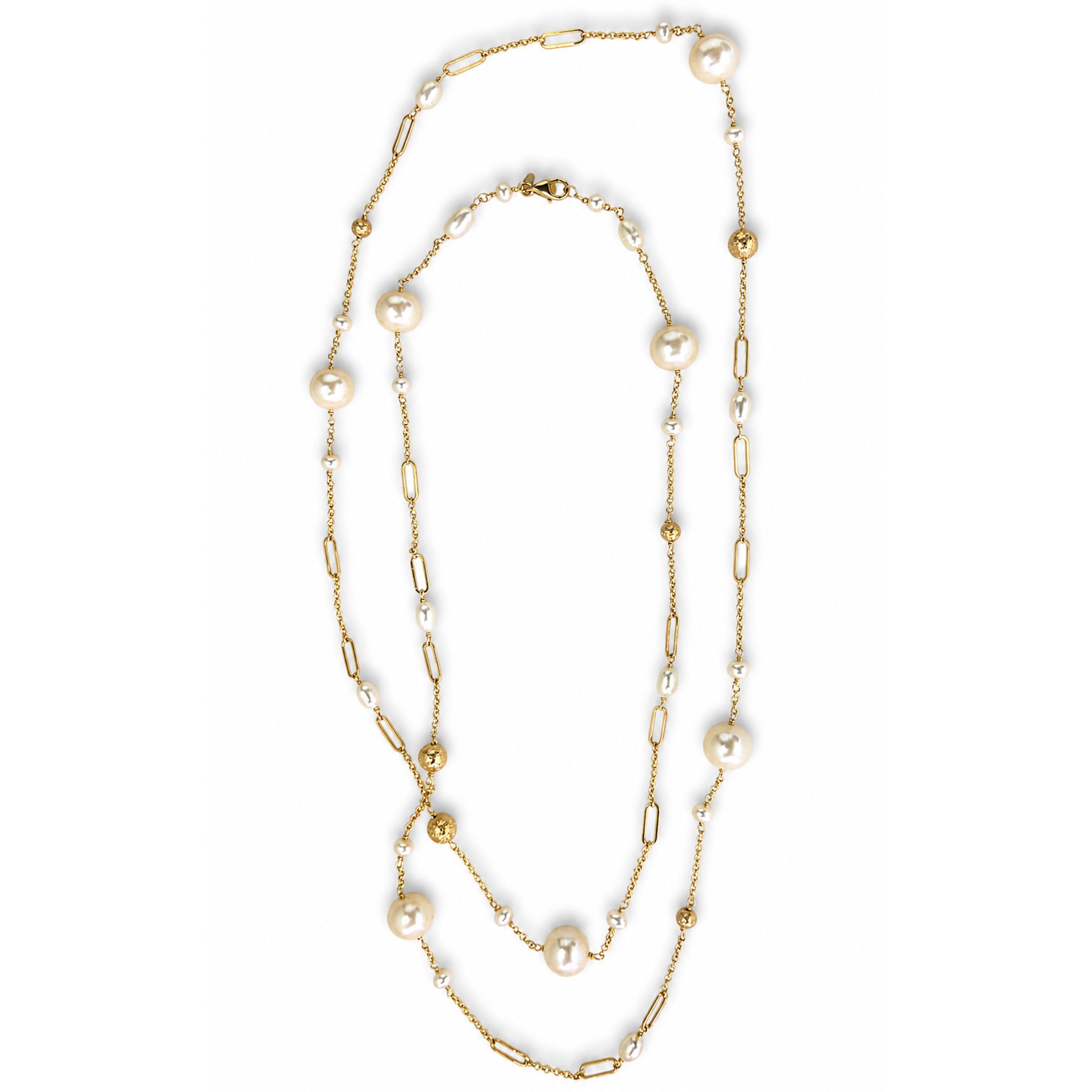 14k White Pearl Paperclip Gold Ball Station Necklace