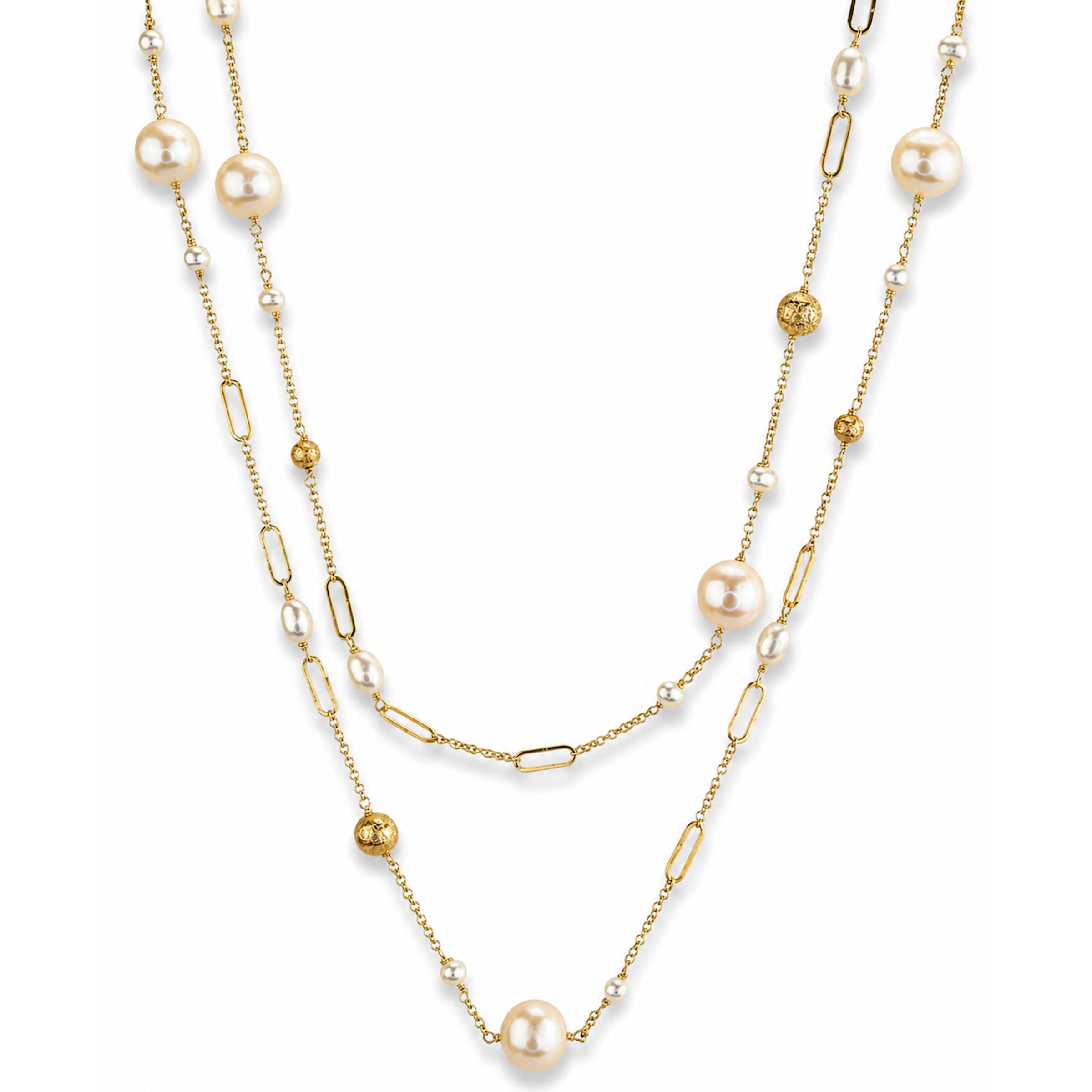 14k White Pearl Paperclip Gold Ball Station Necklace