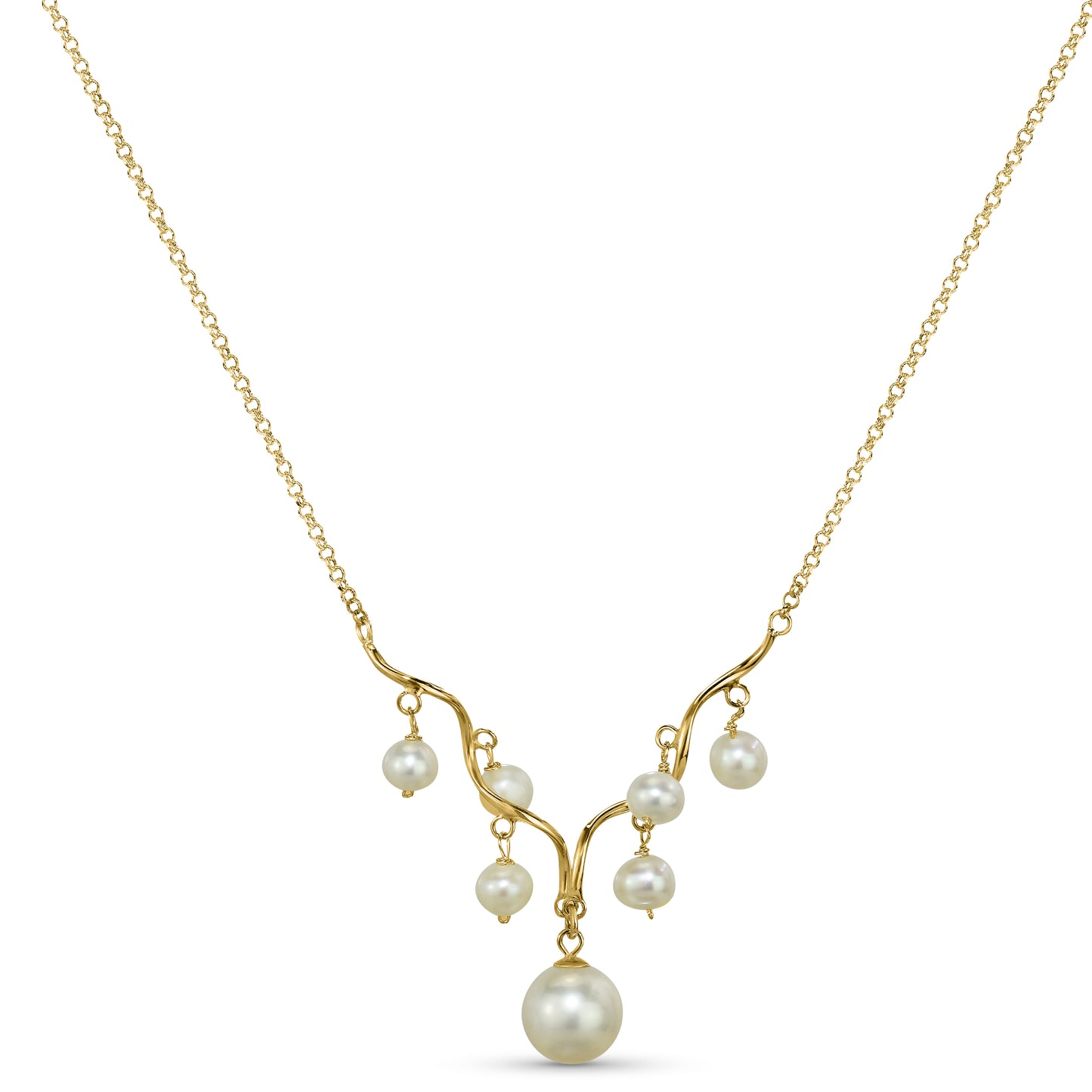 14k White Pearl Drop Wavy Gold Bar Necklace