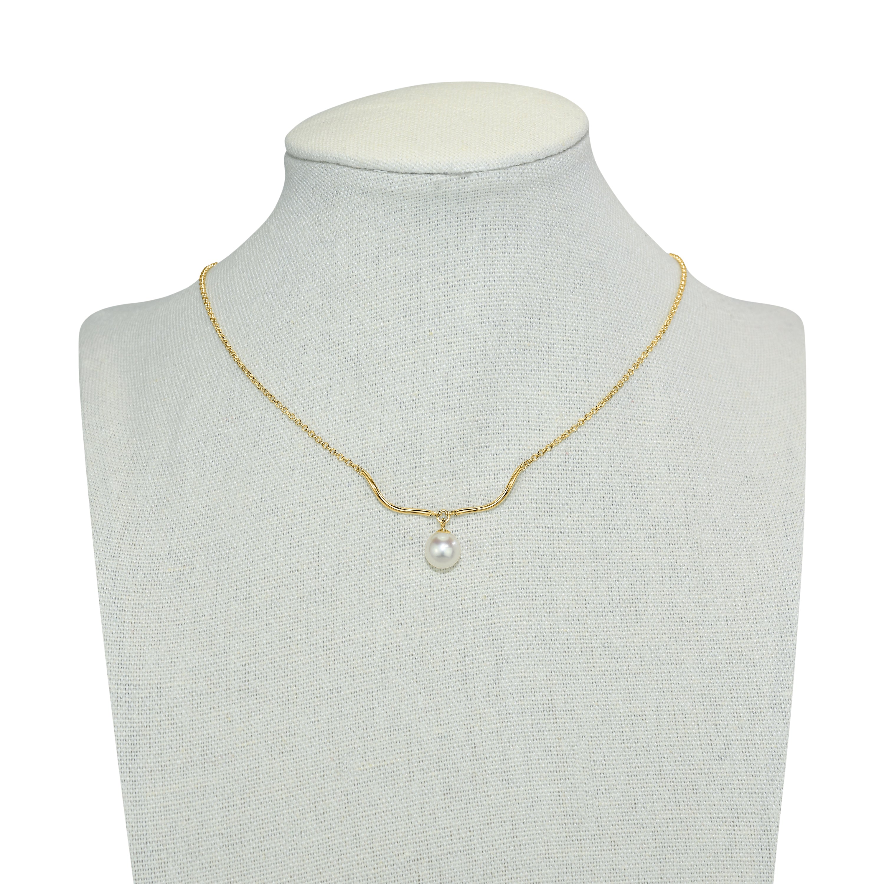 14k White Pearl Drop Wavy Gold Bar Necklace