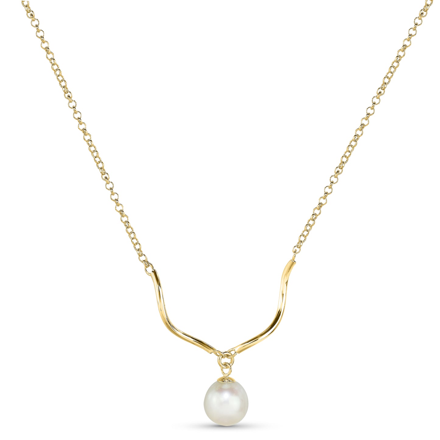 14k White Pearl Drop Wavy Gold Bar Necklace