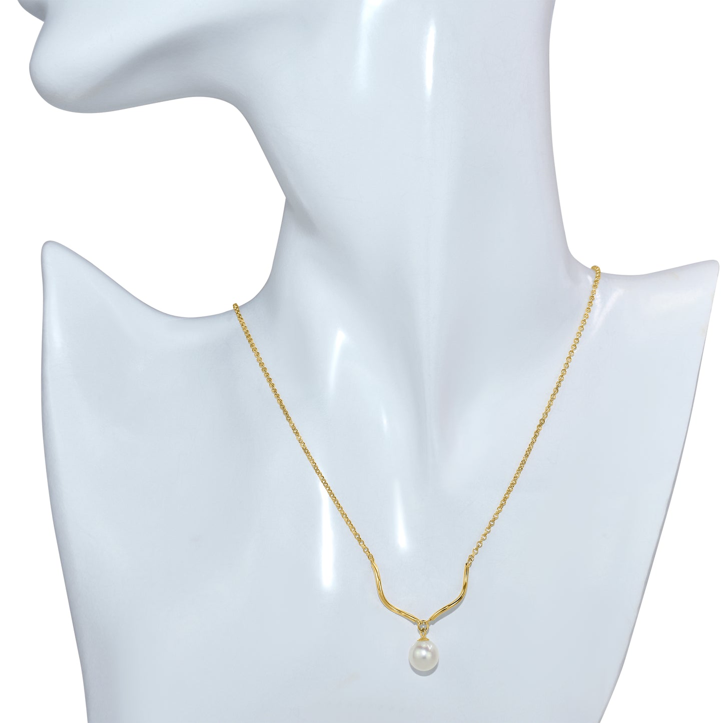 14k White Pearl Drop Wavy Gold Bar Necklace