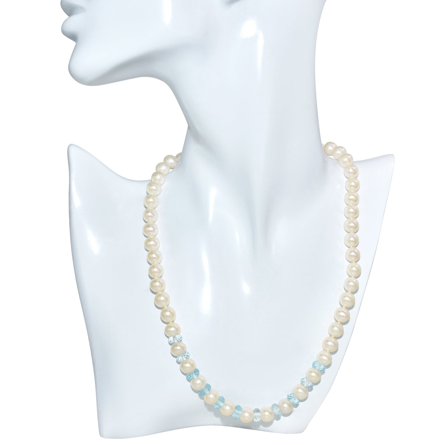 14k White Pearl Blue Topaz Knotted Necklace