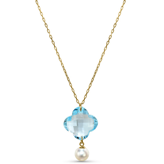 14k Blue Topaz Clover Pearl Pendant Necklace