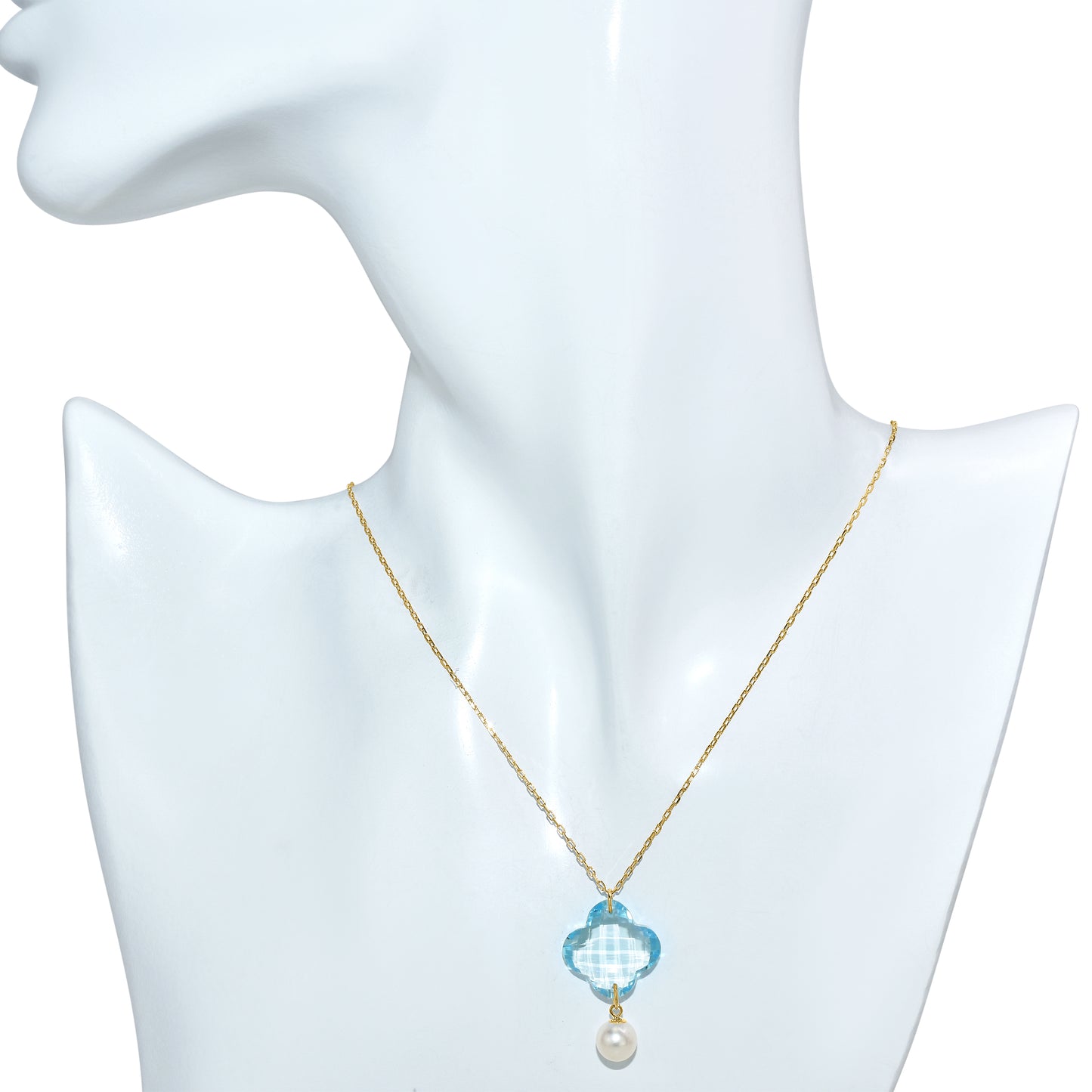 14k Blue Topaz Clover Pearl Pendant Necklace