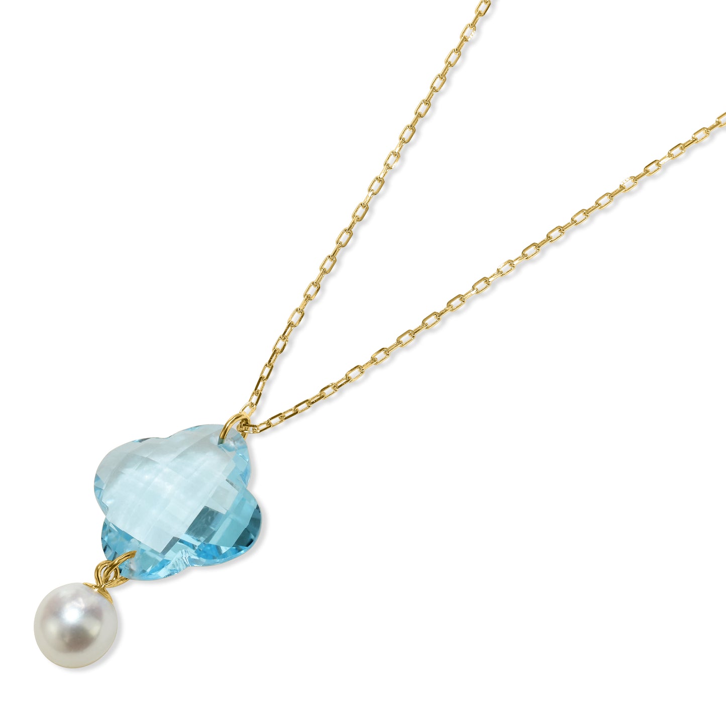 14k Blue Topaz Clover Pearl Pendant Necklace